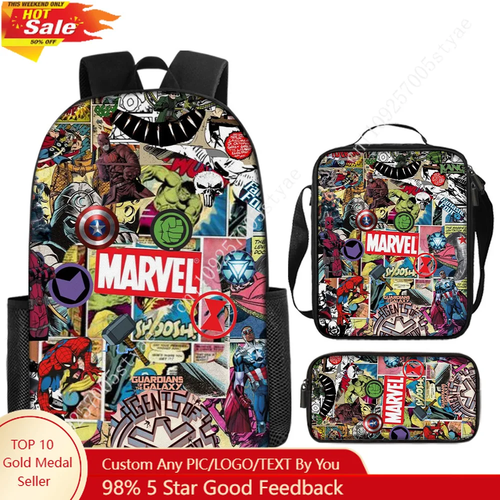 

17in Hulk Spider-Man Super-man Backpack 3 Set Marvel Shoulder Backpacks Bags with Lunchbox Pencilbox Daily Bookbag Computer Bag