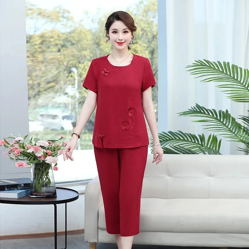 حجم كبير الأم قصيرة الأكمام تي شيرت موضة قطعتين مجموعات فستان صيفي منتصف العمر المسنين 40 إلى 50 سنة الملابس النسائية #6