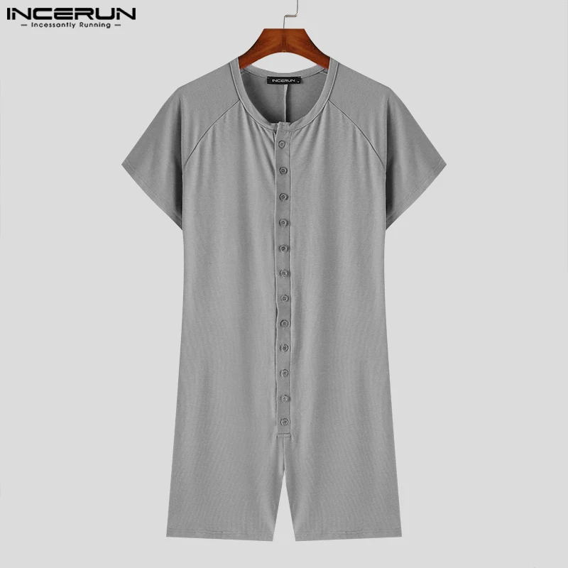 INCERUN-monos de manga corta con cuello redondo para hombre, ropa de casa ajustada, monos informales con botones, Color sólido, S-5XL, 2024