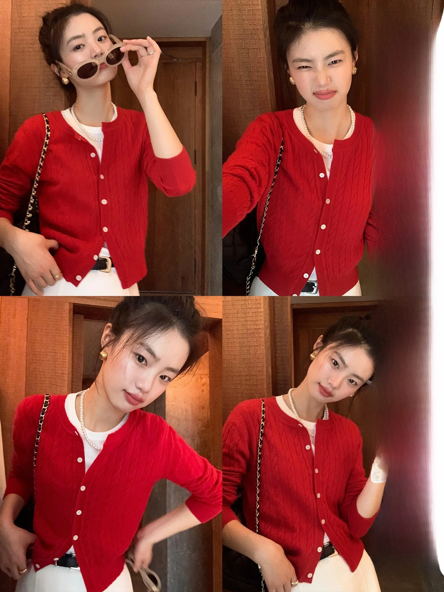 Pusumede Red Twisted Knitted Cardigan Women's Spring Autumn Short round Neck Versatile Sweater Jacket Ladies Fashion Wool Blend