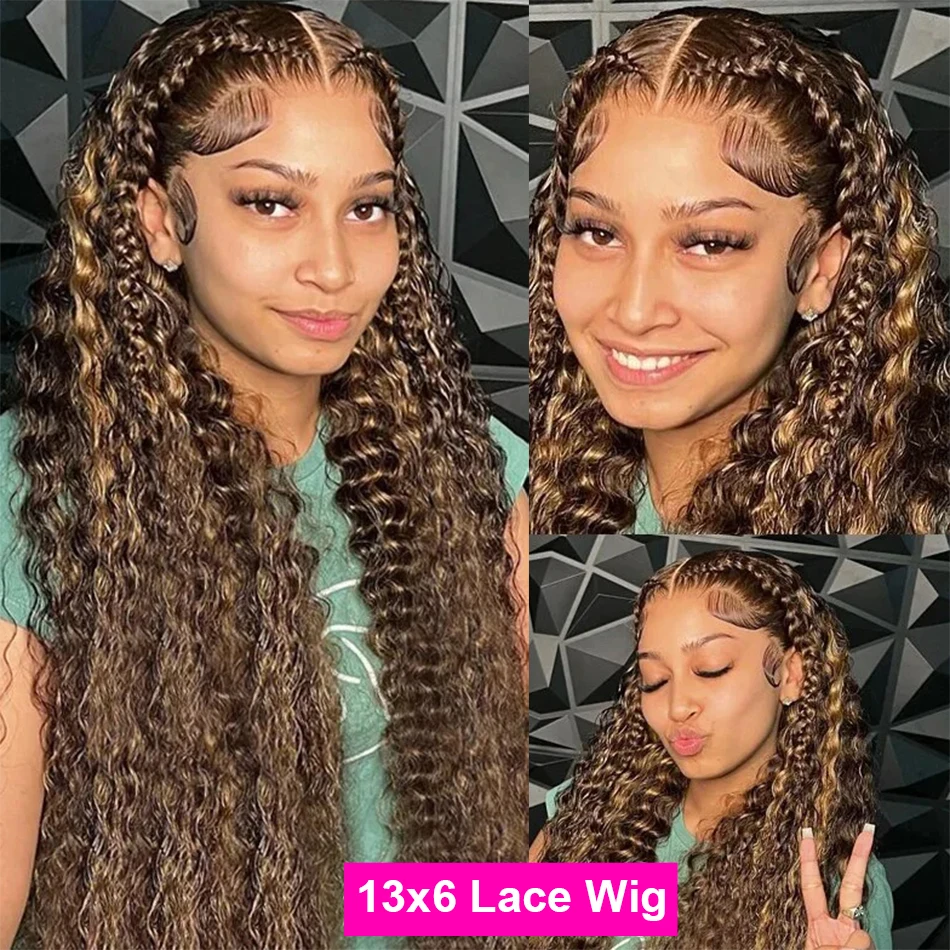 Water Wave 4/27 Highlight HD 13x6 Lace Wig Human Hair Blonde Brown Piano Color 13x4 Lace Frontal Wigs PrePlucked Curly Remy Hair