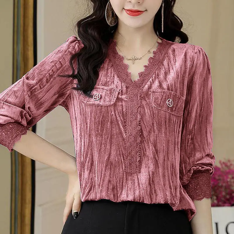 2023 Casual Solid Color Elegant V-Neck Lace Patchwork Shirt Spring Autumn Three-dimensional Decoration Stylish Hollow Out Blouse