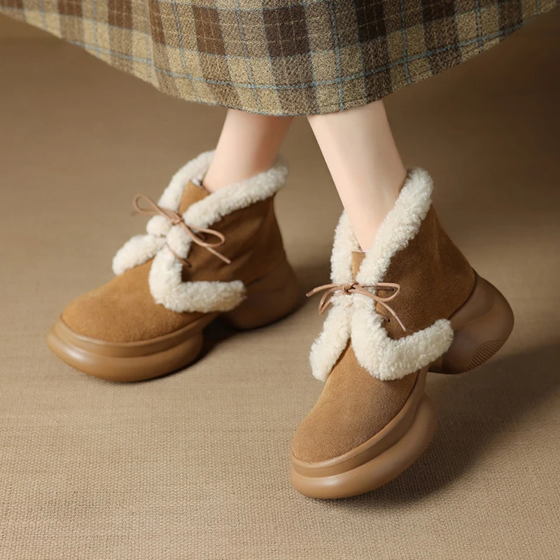 NEW Winter Women Boots Cow Suede Leather Shoes for Women Round Toe Platform Shoes Lace-up Short Boots Warm Plush Daily Shoes