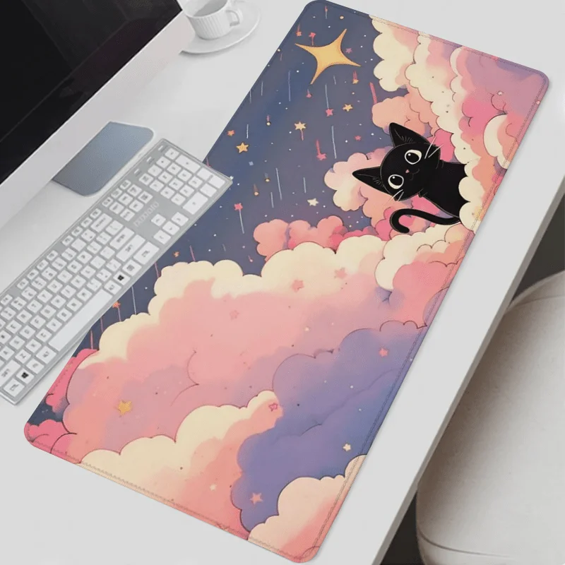 Grand tapis de souris de jeu Cloud Cat fantaisiste, design fantastique ciel étoilé avec bords cousus, parfait pour les bureaux et les ordinateurs portables