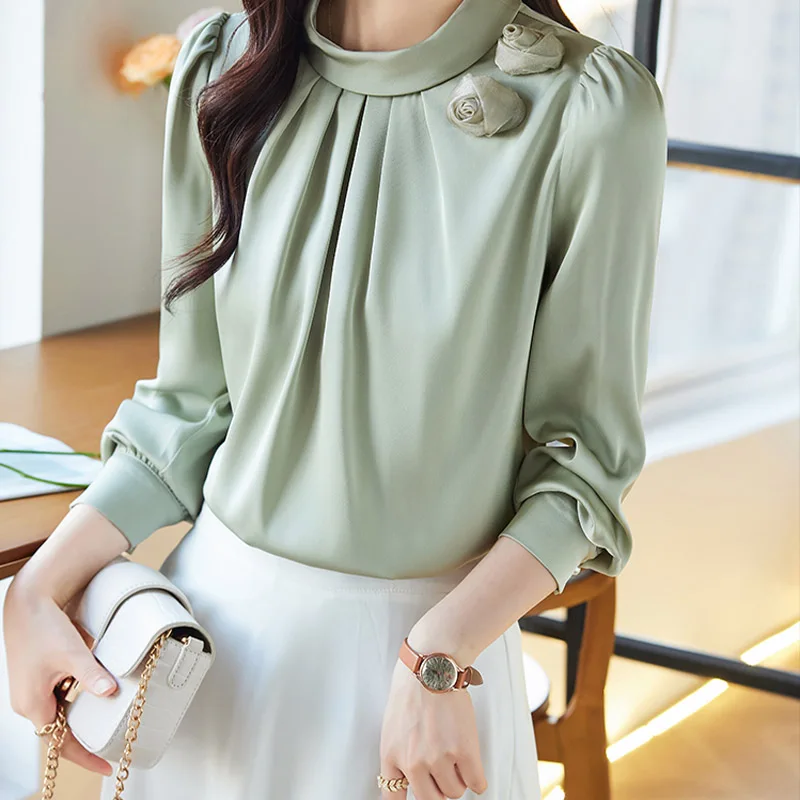 Autumn New Advanced Feeling Temperament Blouse Women Clothing Half High Collar Solid Tops Autumn Loose Commute Chiffon Shirts