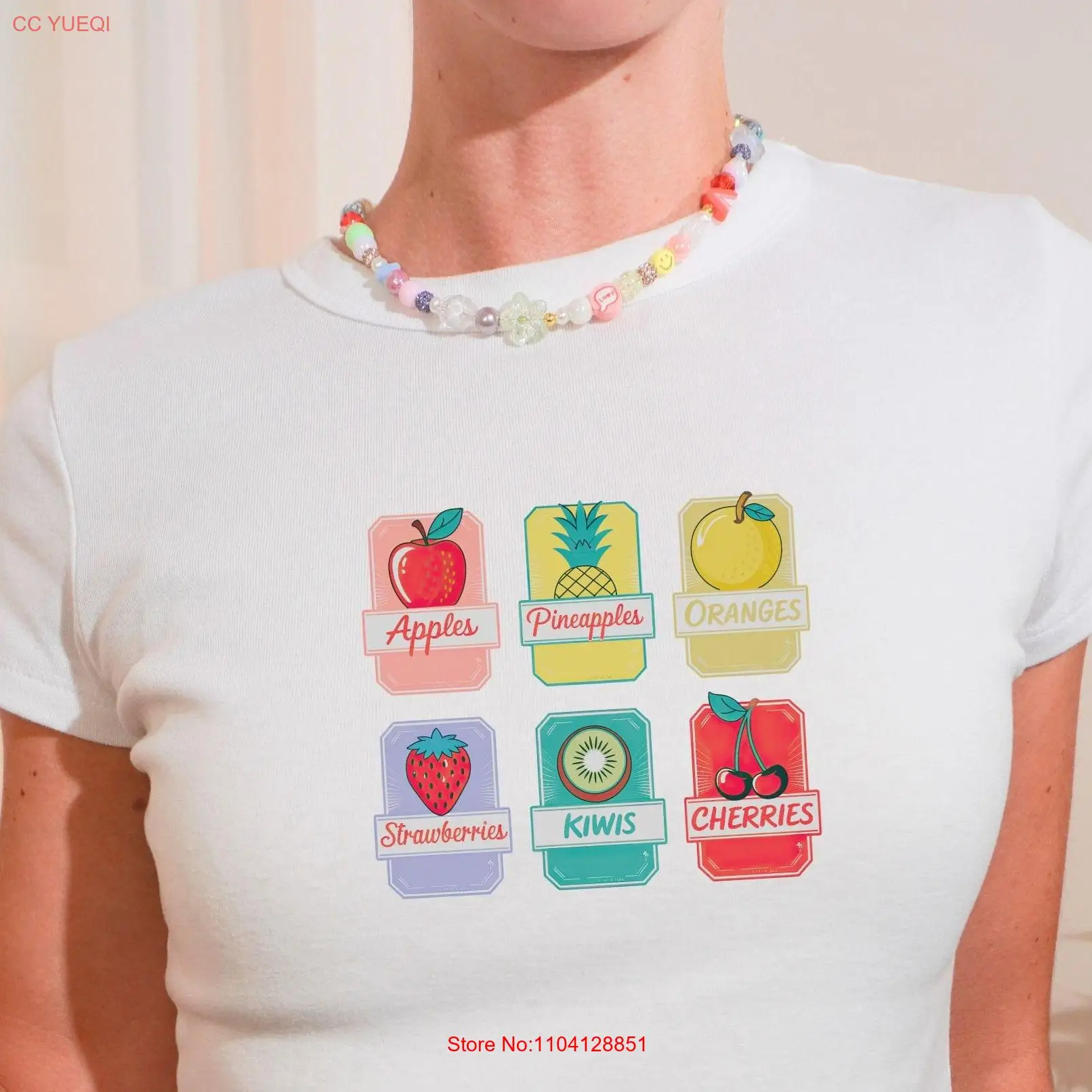

Fruit Sticker Baby T Shirt Y2K Trendy Collage Style Vintage Crop Top Unique Ephemera Aesthetic long or short sleeves