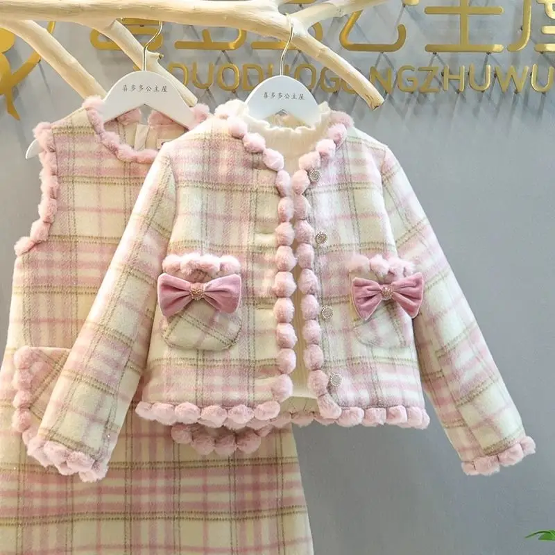 Kids Girls Princess 2pcs Clothes Set Autumn Winter Children Bow Plaid Blazer Thick Coat Outwear+Sundress Vintage Elegant Suit