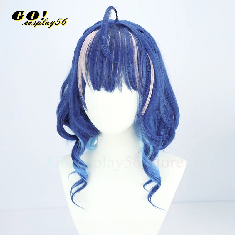 Perruque de Cosplay Vtuber Amamiya Warrioro, Cheveux Courts Bouclés, Dégradé Bleu, Reflets Roses