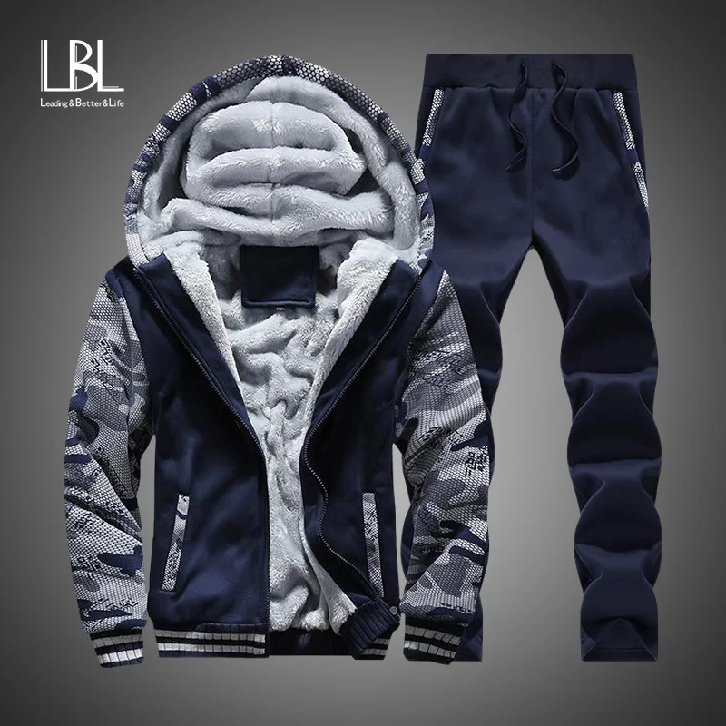 

Winter Inner Fleece Hoodies Men Casual Hooded Warm Sweatshirts Male Thicken Tracksuit 2PC Jacket+Pant Men Moleton Masculino