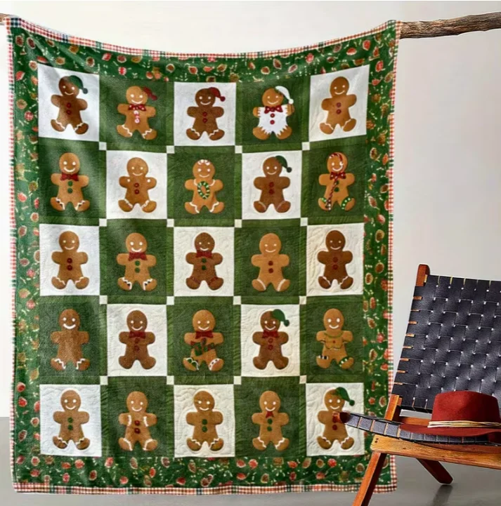 Vintage Christmas Gingerbread Man Throw Blanket Knitted Polyester Flannel All-Season Cozy Blanket for Sofa, Bed, Car, Office