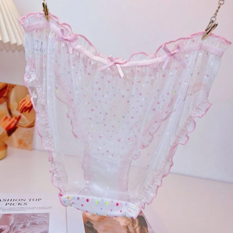 

Japanese Style Bow Panties Girl Sweet Cute Mesh See-through Low-waist Briefs Lolita Princess Style Sexy Sissy Party Underwear