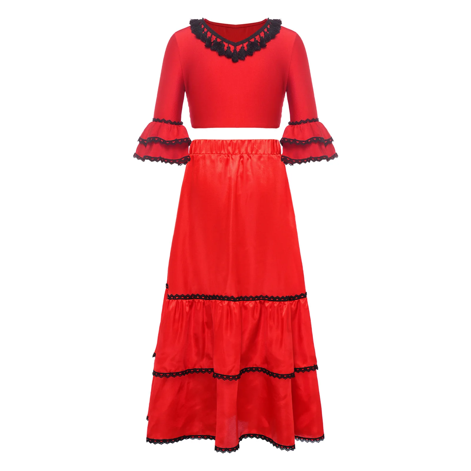 

Kids Girls Gypsy Spanish Flamenco Dance Outfit Half Sleeves Crop Top with Satin Tiered Skirt for Performance Festival Costumes