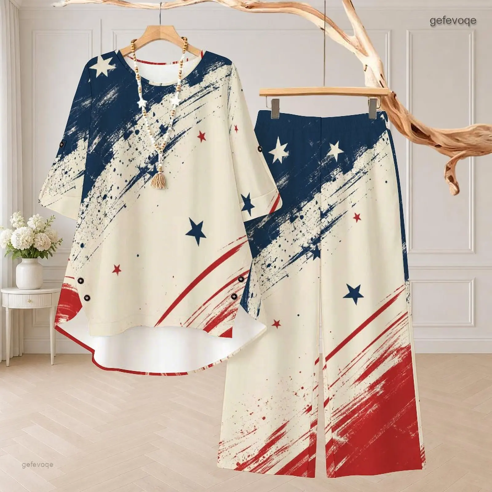 Women Printed Bald Eagle Star Sunburst Pattern Round Neck 3/4 Sleeve High Low Top Wide Leg Pants Two Piece Set