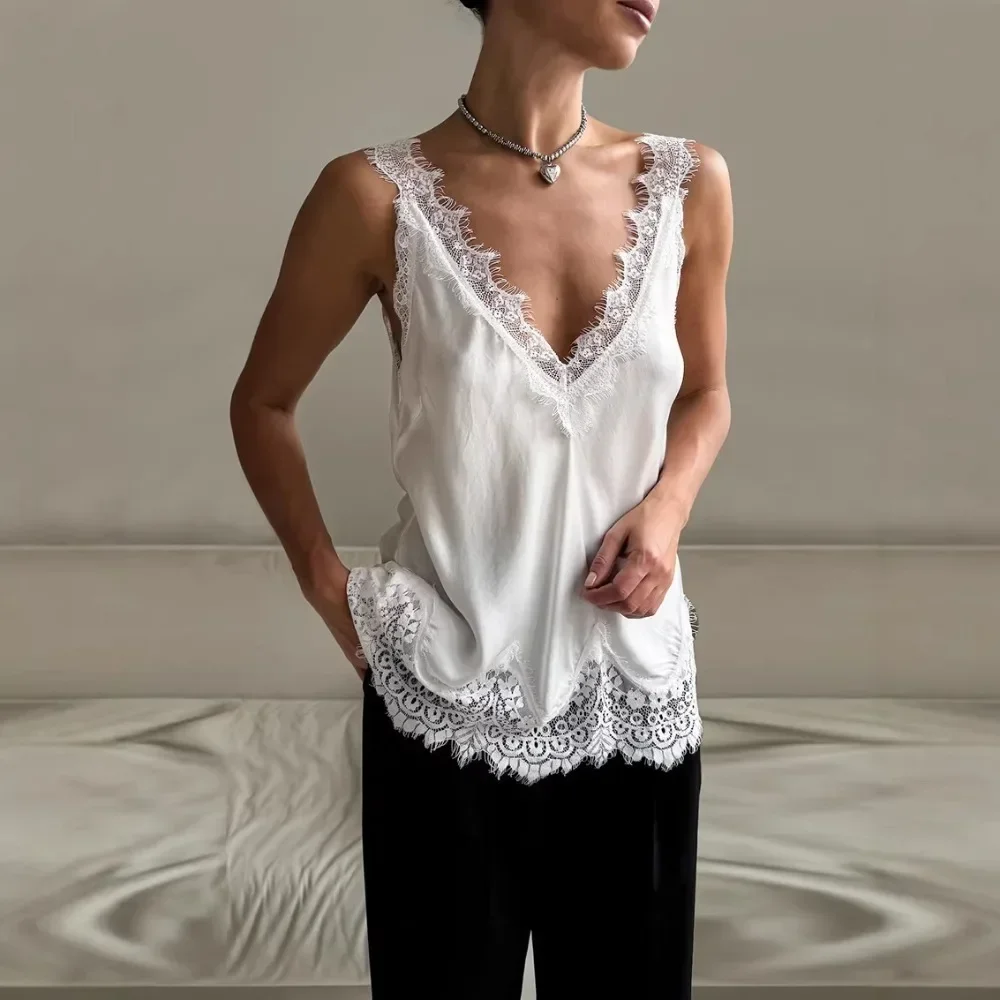 Women Spring Summer Lace Trim Sleeveless Top Sexy Elegant Solid Tank T Shirt Fashion Casual Slim Blouse Office