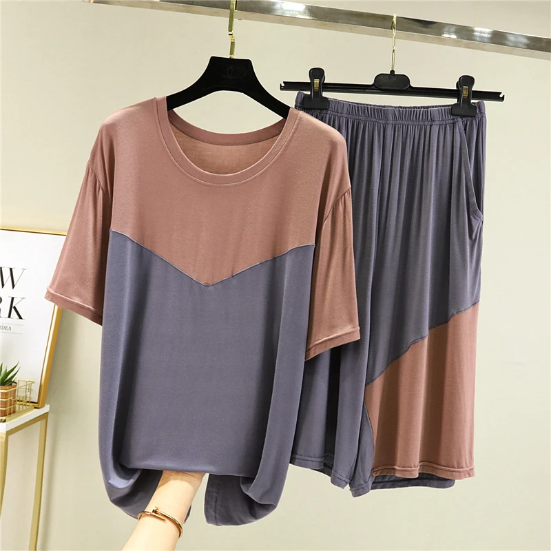 Men's Summer Sleepwear Loose Short Sleeve T-shirt Shorts Home Clothes Set plus Size Color Block Two-piece Modal Comfortable