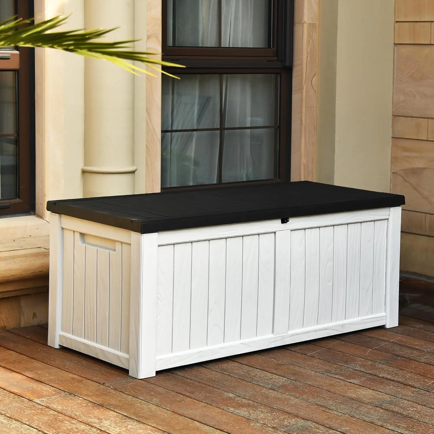 

120 Gallon Large Deck Box, Resin Outdoor Storage Box w/Lockable Black Lid for Outdoor Pillows, Garden Tools and Pool Supplies