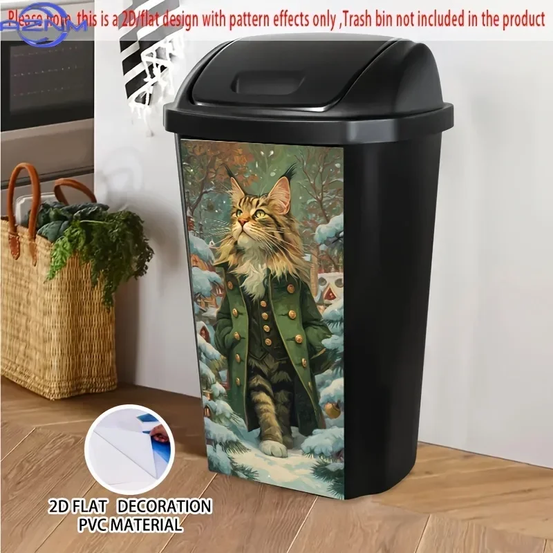 2D/FLAT, Vintage-style Maine Coon Cat Pattern Self-Adhesive Dustbin Sticker, 14.57×32.28 Inches. Maine Coon in Green Coat with