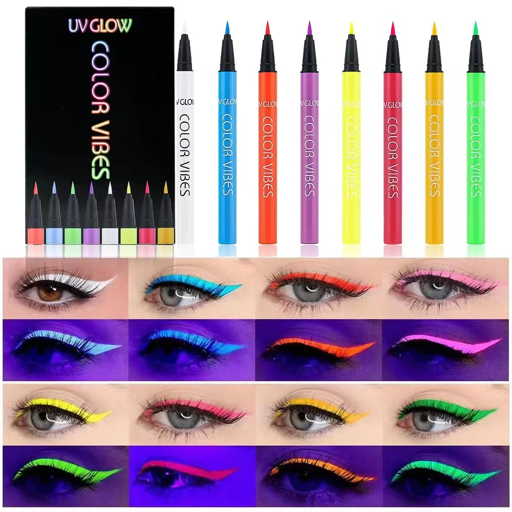 สีลูกกวาด 8 ชุดปากกาอายไลเนอร์เรืองแสงสีผิวด้านอายไลเนอร์สีเรืองแสงของเหลวกันน้ําเหงื่อแห้งเร็ว