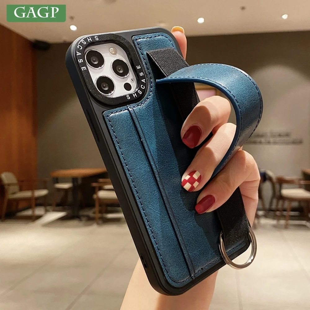 Leather Card Slot Wrist Strap Phone Case For iPhone 13 12 11 Pro Max 14 7 8 Plus Xr X Xs  Wallet Stand Holder Shockproof Cover