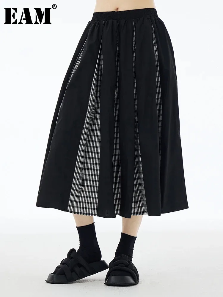 

[EAM] High Elastic Waist Black Plaid Color-block A-line Half-body Skirt Women Fashion Tide New Spring Autumn 2024 1DH6078