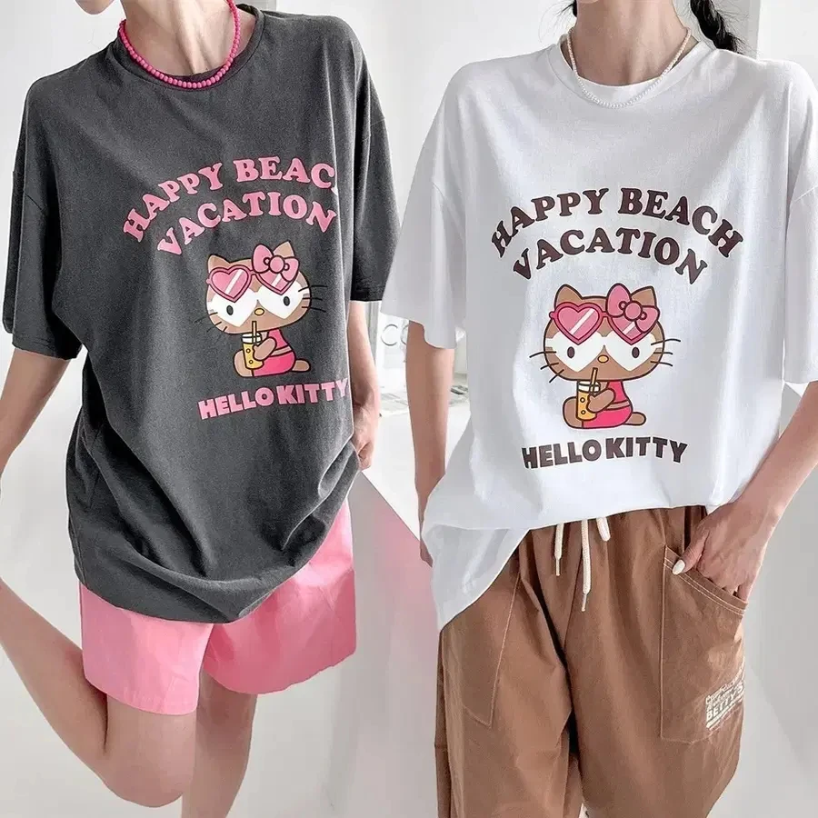 T-shirt unisexe en coton 100% avec imprimé Hello Kitty Happy Beach Vacation, T-shirt décontracté à la mode Y2k pour hommes et femmes