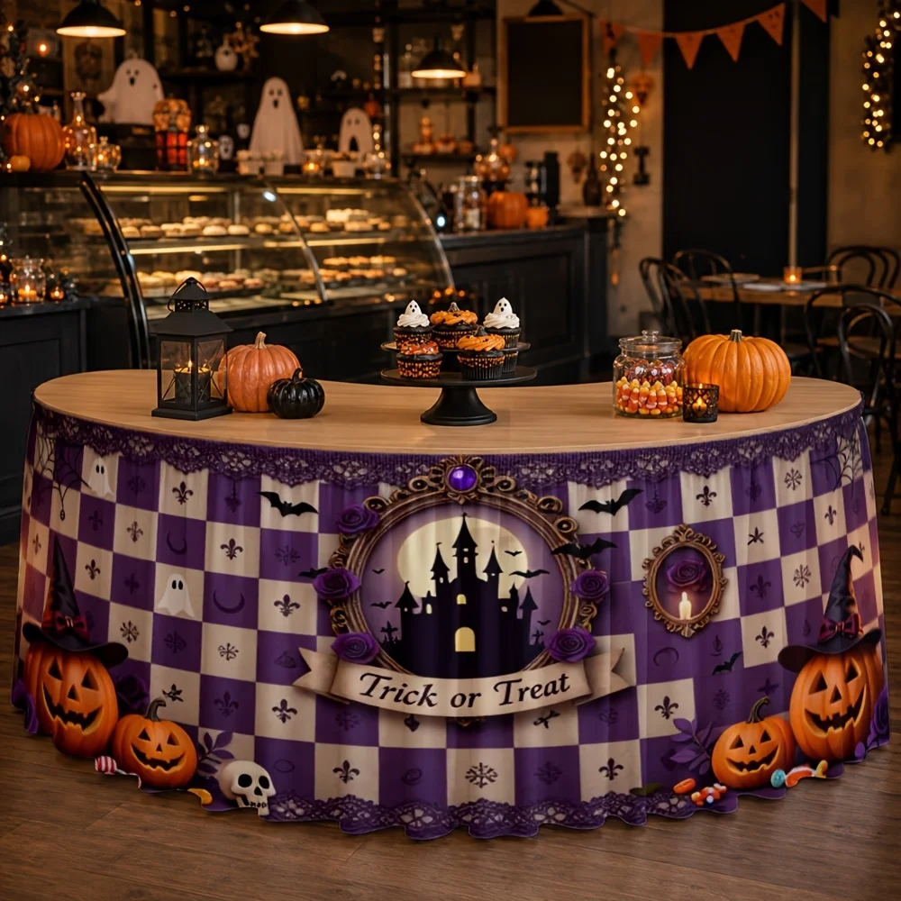 Purple checkered castle pattern - featuring pumpkins, candles, skulls, and bats - Gothic-themed tablecloth