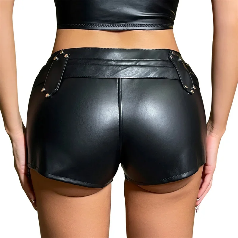 New 2025 Womens Sexy Club Party Shorts Elastic Low Waist Shiny Faux PU Leather Casual Short Pants Hot Dance Clubwear Mini Shorts