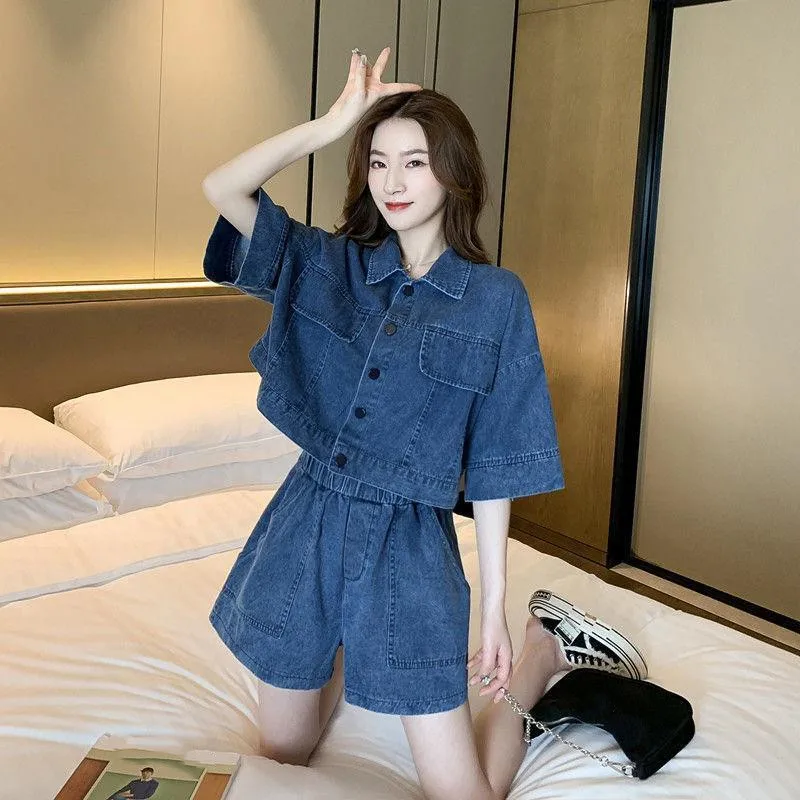 Women Denim Sets Summer 2022 New 2 Piece Set Solid Short Sleeve Coat + Shorts Jeans Sets Office Lady Elegant Female Denim Suits