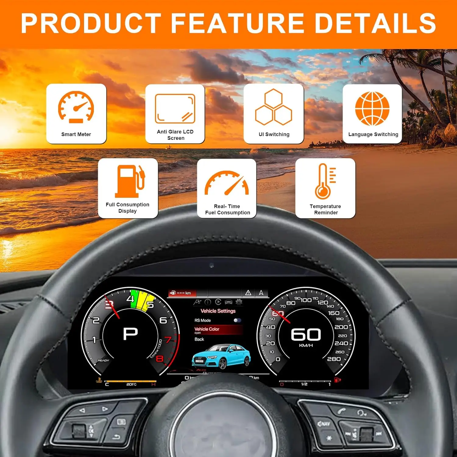 Digital Instrument Cluster for Audi A3 V8 2014-2020 CarPlay Android Auto Speedometer,Dashboard 12.3'' HD virtual cockpit LCD view 4