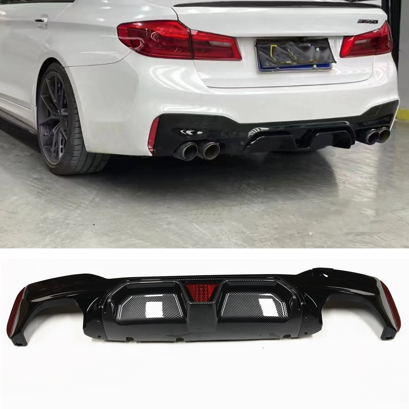 

Car Rear Bumper Diffuser Lip W/ Lamp For BMW 5 Series G30 G38 2017-2021 M Sport Carbon Fiber Look/Gloss Black Splitter Spoiler