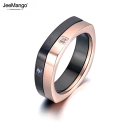 JeeMango OL Design CZ Crystal Stainless Steel Spinner Ring Rose Gold Color/Black Anniversary Wedding Rings For Women JR19012