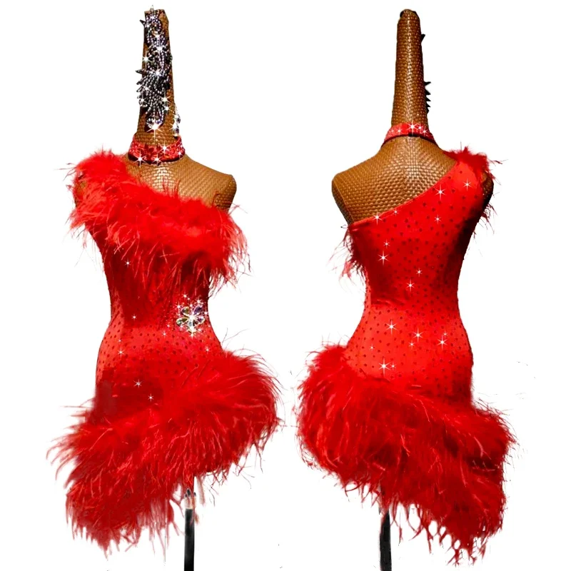 Vestido de baile latino profesional de plumas rojas para mujer, traje de Samba con flecos de diamantes de imitación, Salsa, Tango, vestidos de competición de salón