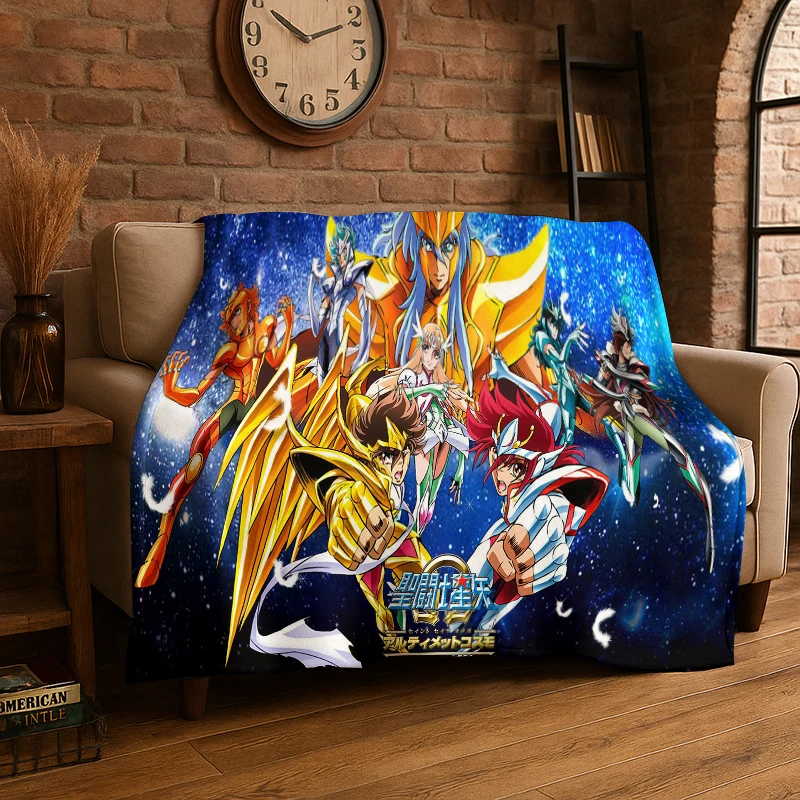 

Retro Saint Seiya Anime Cartoon Flannel Blanket Soft Warm Throw Blanket for Bedroom Living Room Bed Travel Camping Picnic Gift