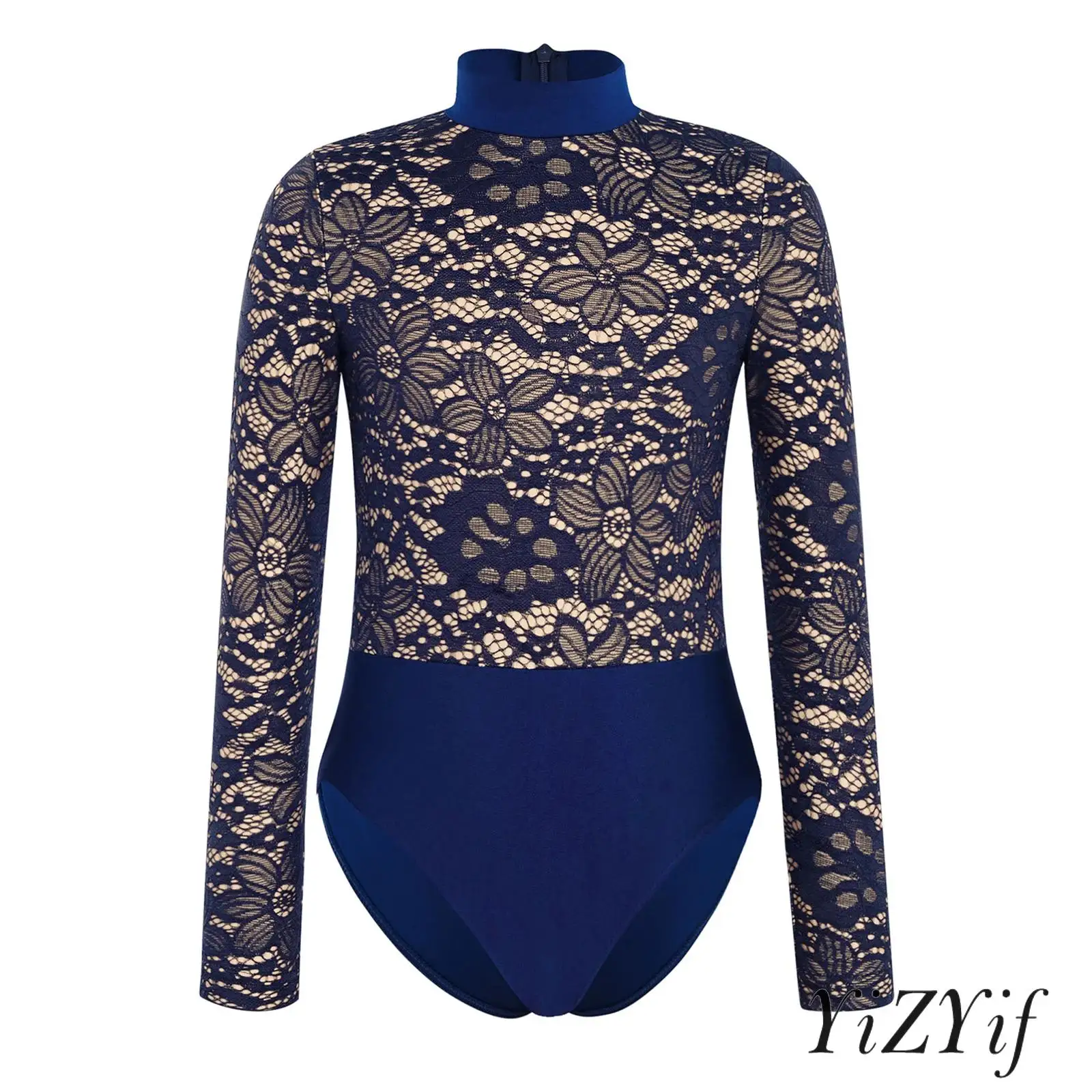 Kinder Mädchen Ballett Gymnastik Trikot Langarm Rücken Unsichtbarer Reißverschluss Spitzenmieder Body für Tanz Performance Wettbewerb