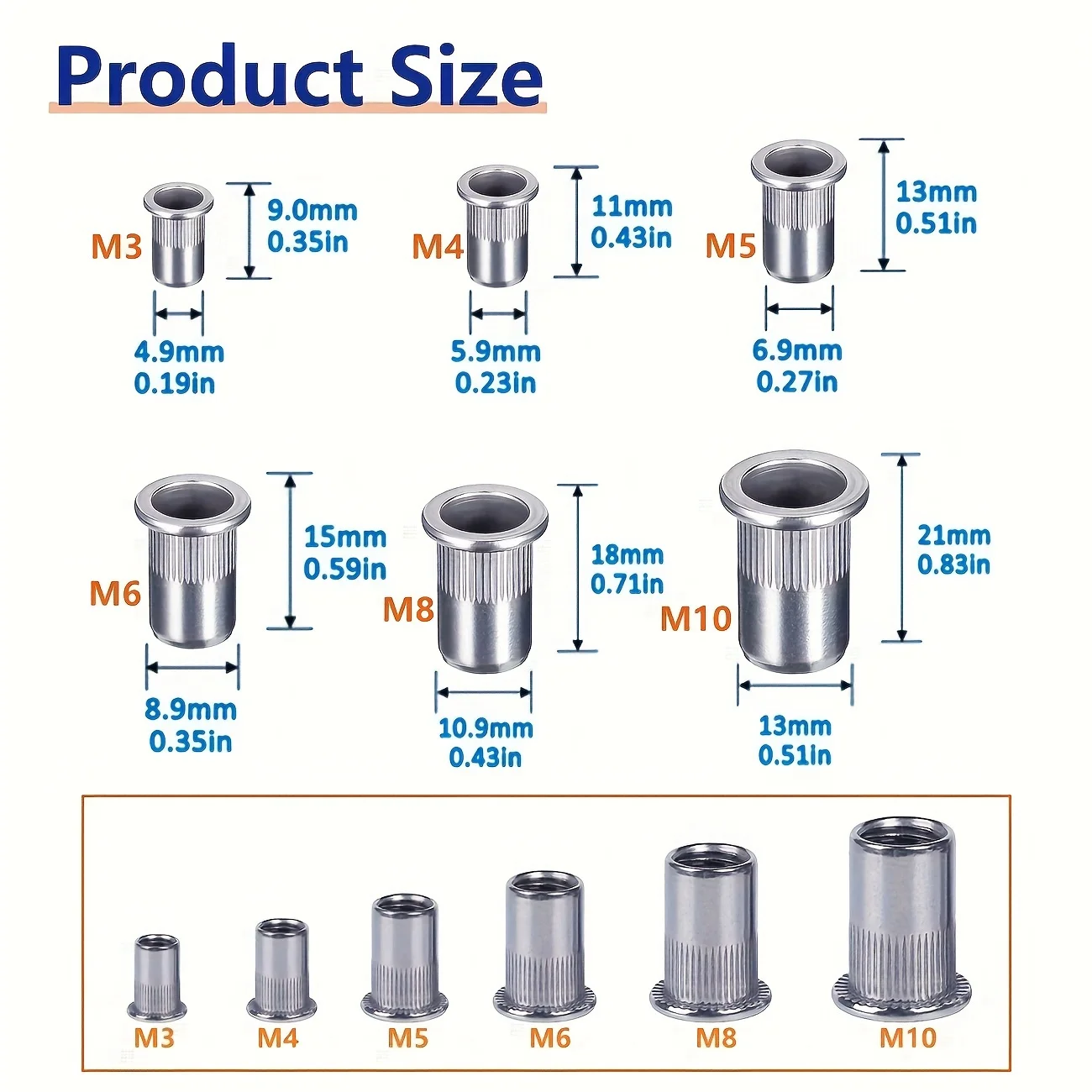 130pcs Rivet Nut Tool Kit Metric Combination Set Aluminum Knurled Flat Head Thread Insert Nut Set for DIY Projects