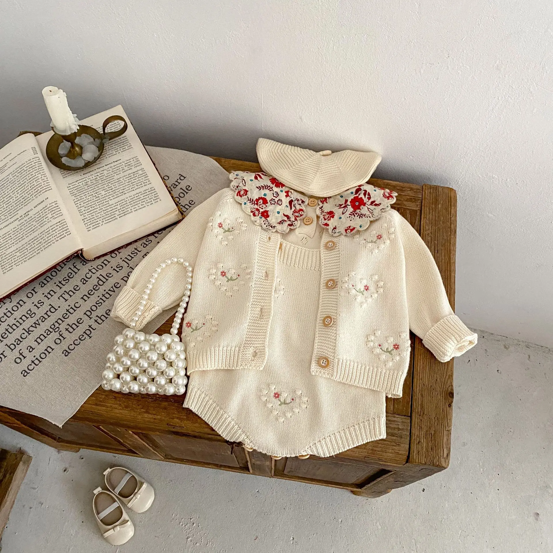 2024 New Autumn Newborn Baby Girl Clothing Set Long Sleeved Embroidery Cardigan+Jumpsuit Toddler Baby Girl Knitting Clothes Suit