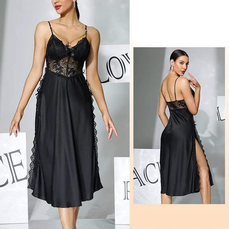 

Шелковая атласная ночная сорочка на бретельках с кружевом, домашняя одежда, приятная к телу, женская ночнушка, пижамное платье