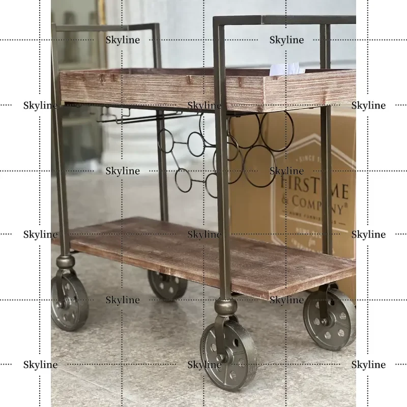 for Retro Solid Wood Wrought Iron Double Layer Rack Storage Cart with Wheels Mobile Tea Trolley American Kitchen Dining Car