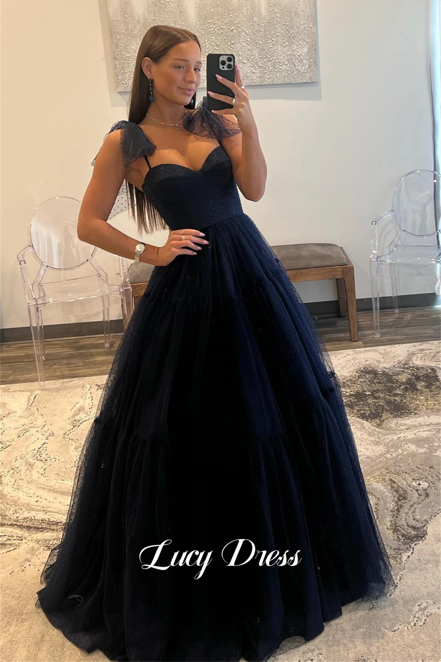 

Lucy Line A Graduation Gown Prom Dress Dark Blue Polka Dot Mesh Elegant Party Dresses 2024 Woman Evening Wedding Sharon Happy