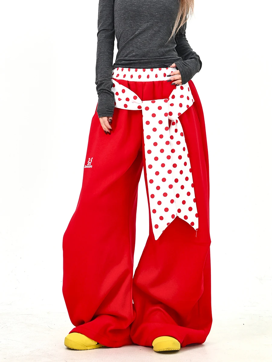 

Повседневные женские брюки в горошек с пэчворком и поясом, свободного кроя, весна 2026, уличный стиль, в пол, корейский стиль BF, свободный крой