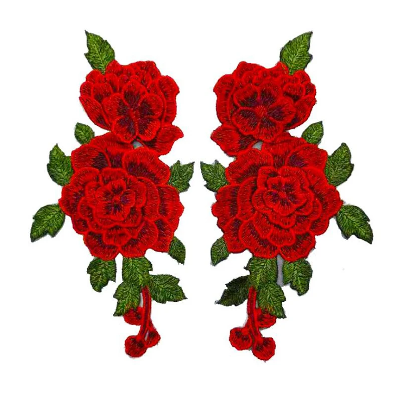1 Pair Red Embroidery Rose Flower Sew On Patch Dress Hat Bag Jeans Applique Crafts Clothing Accessories 23*12CM
