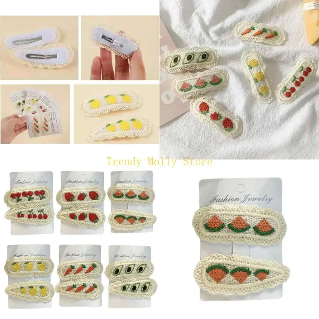 

N5KB Pack of 2 Childrens Hair Clip Embroidered Fruit Detail with Lace Trim Comfortable Friendly Perfect for Daily Accessories