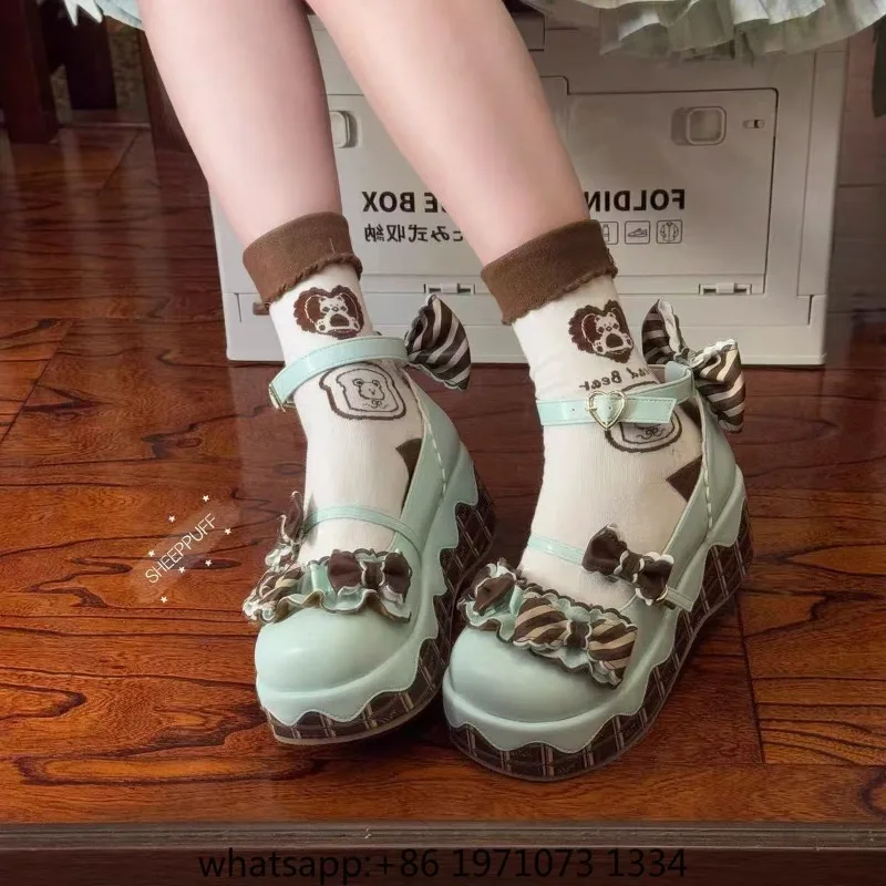 Preppy Style Sweet Girls Lolita Flat Platform ,Students Cute Chocolate Bowknots Ankle Strap Mary Janes Elevator Shoes