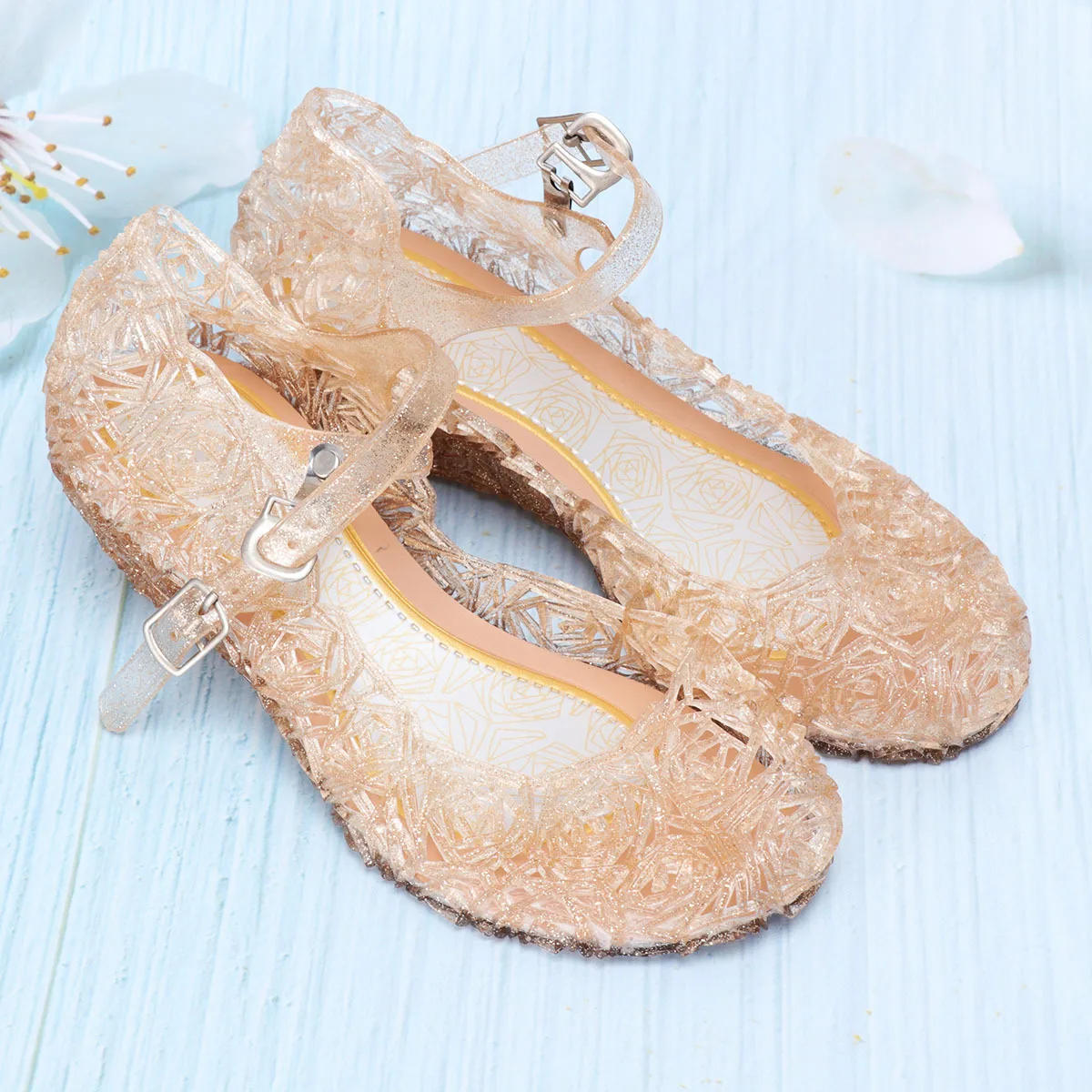 

Children Sandals Elegant Shiny Yellow High Heel Jelly Crystal Sandals Size 30 Comfortable Breathable Girls Outdoor Dress Shoes
