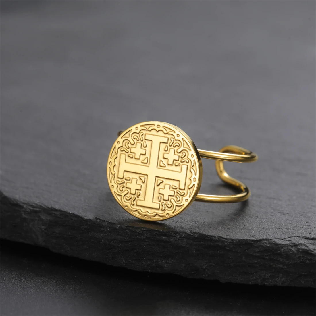 The Jerusalem Cross Rings Stainless Steel Crusader Five-fold Cross Open Ring Adjustable Christian Prayer Amulet Jewelry