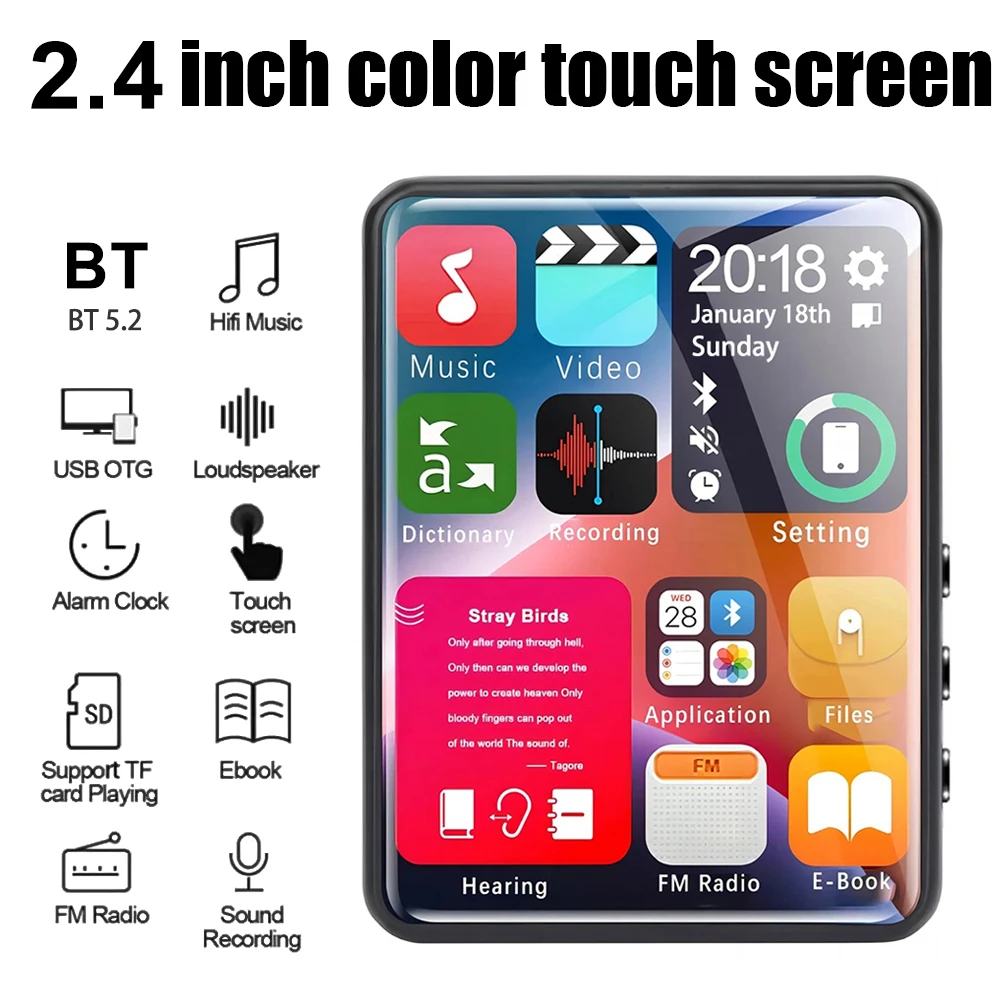 Walkman-reproductor MP3 y MP4, dispositivo multifunción con pantalla táctil de 2,4 pulgadas, calidad de sonido HiFi, 4GB de RAM, E-book, FM, calendario perpetuo
