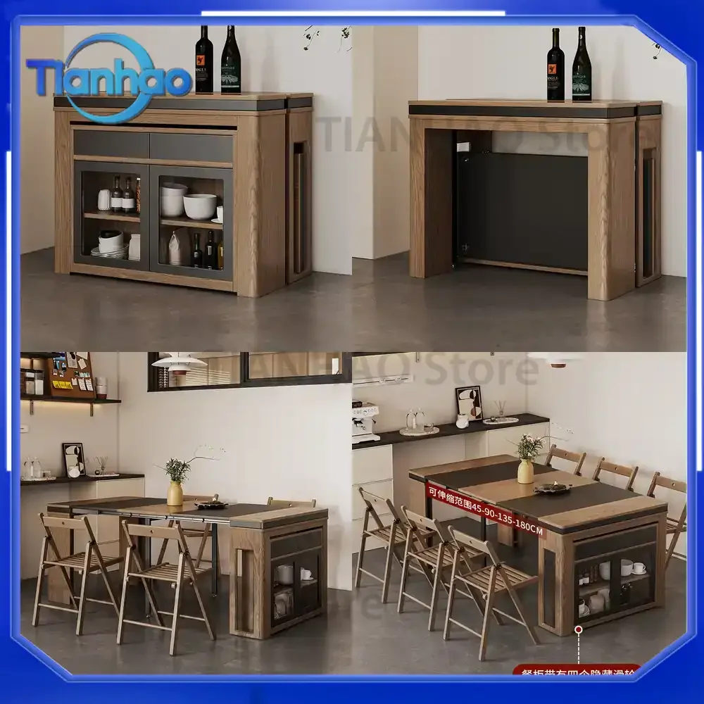 Foldable Dining Table Chairs and Dining Cabinet Integrated Multi-Functional Rectangular Retractable Furniture Set for Small