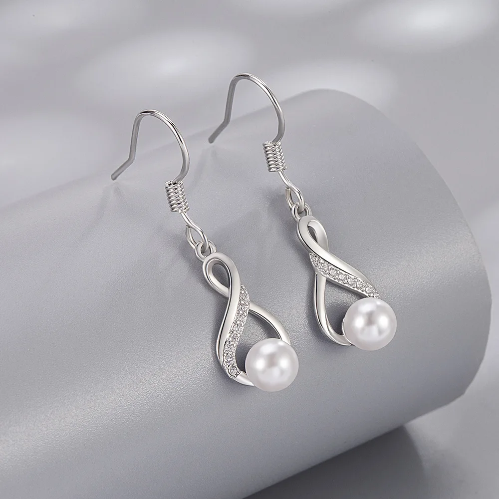 Fashion Female Earrings 925 Sterling Silver Eternal Endless Infinity Pearl Small Earrings for Women Wedding Jewelry Wholesale