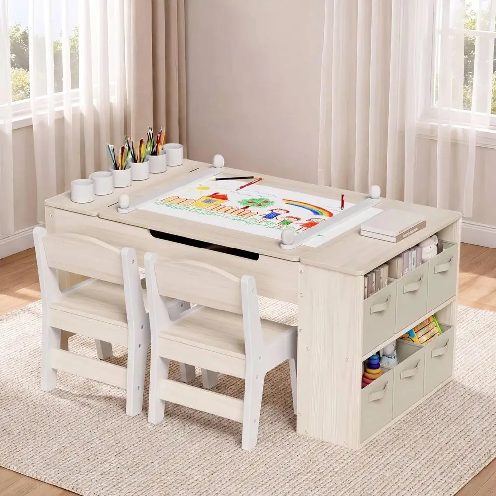 3-in-1 Toddler Art Desk with Easel, Sturdy Wooden Activity Table for Kids, Includes Large Drawing Tabletop, Paint Cups, and Remo