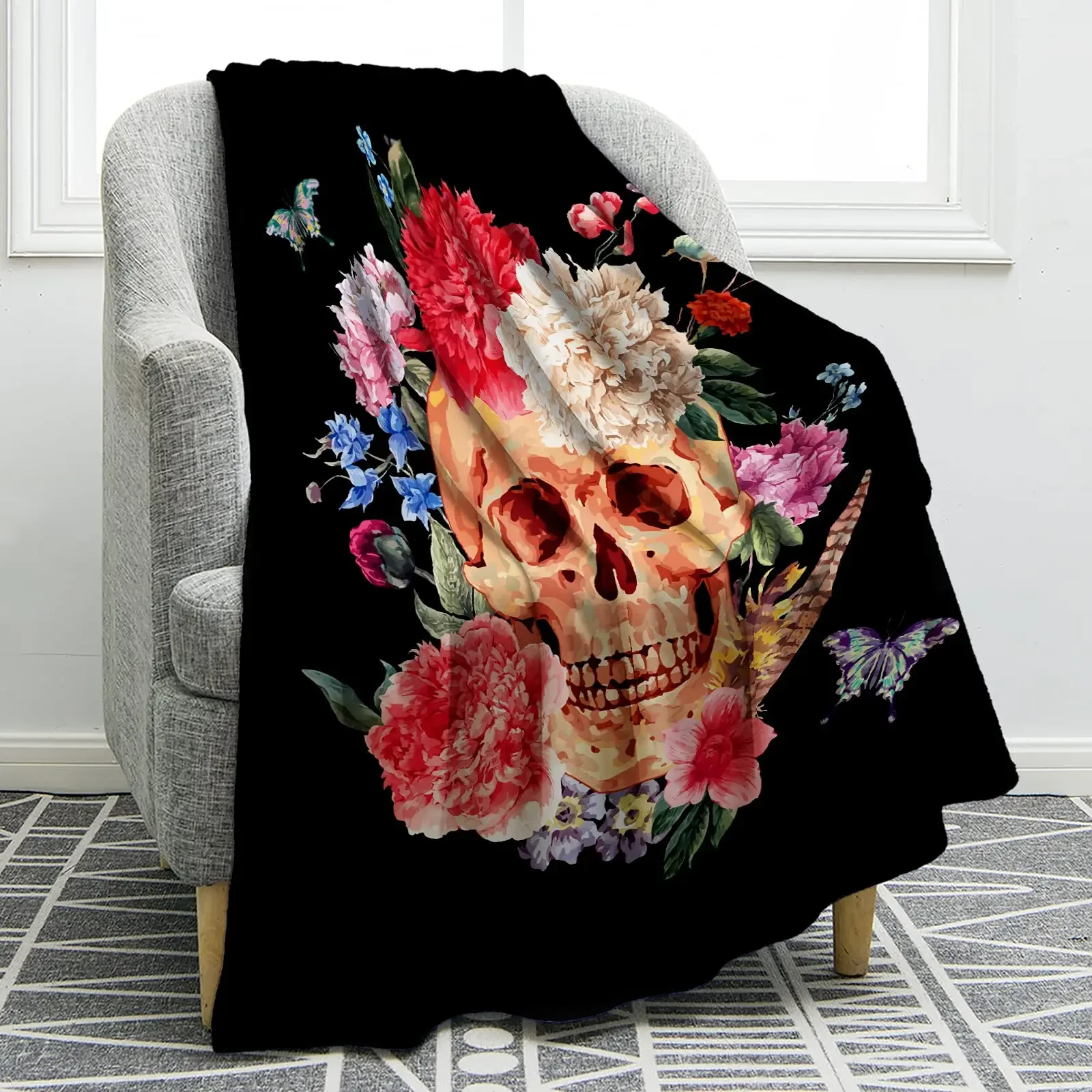 Sugar Skull Blanket for Halloween Skull Rose Design Skeleton Smooth Soft Black Print Throw Blanket Gifts Sofa Chair Bed Office